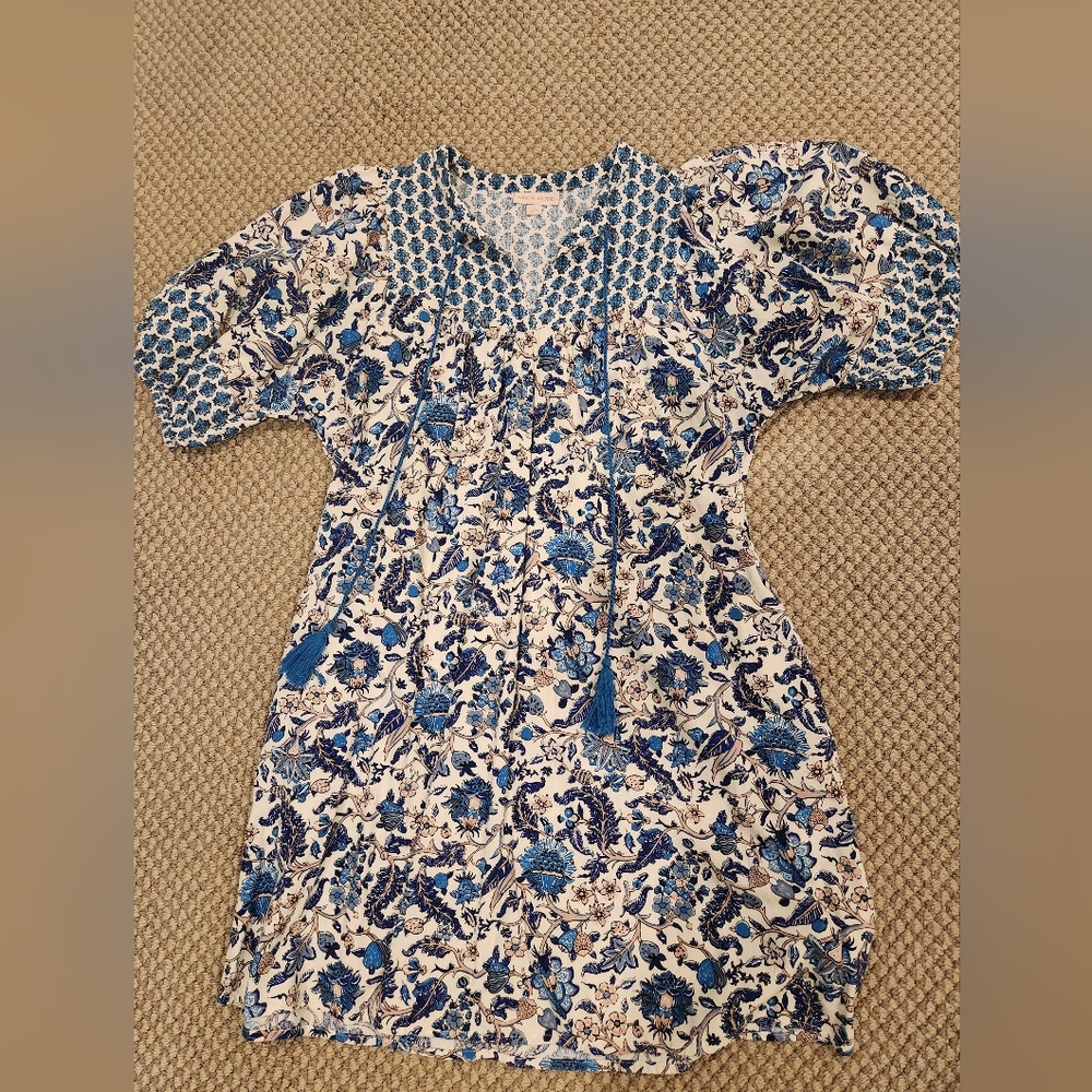 Knox Rose Blue & White Floral Tassel Tunic Dress Sz Small